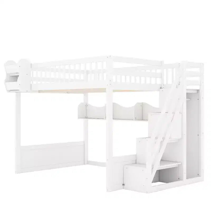 Luxystar Queen Wood Loft Bed with Wardrobe, Storage Staircase and Shelves