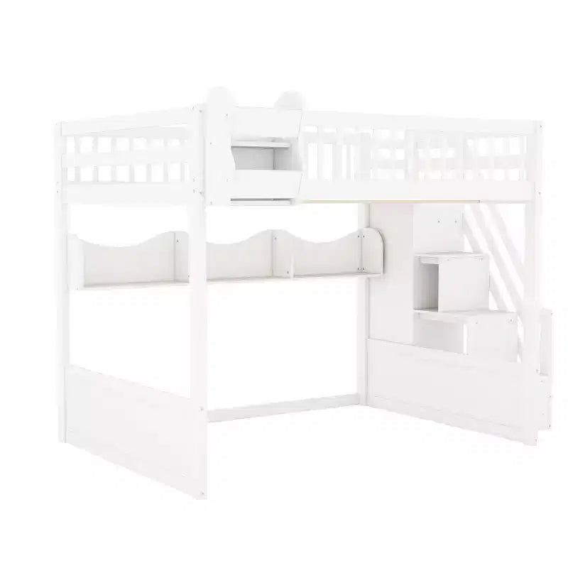 Luxystar Queen Wood Loft Bed with Wardrobe, Storage Staircase and Shelves