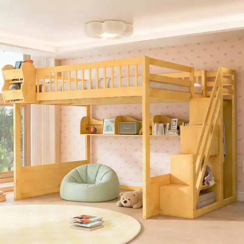 Luxystar Queen Wood Loft Bed with Wardrobe, Storage Staircase and Shelves