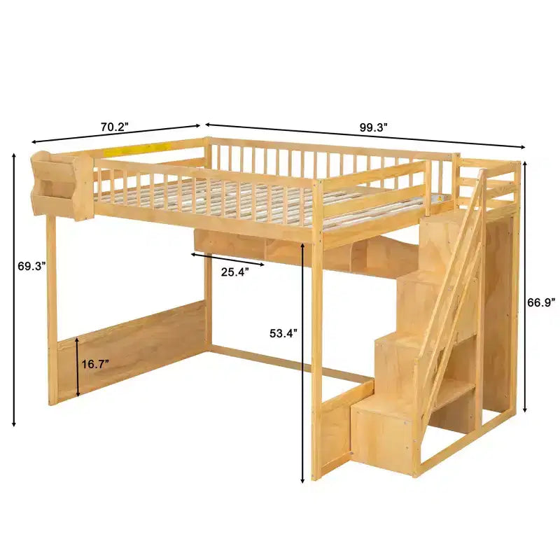Luxystar Queen Wood Loft Bed with Wardrobe, Storage Staircase and Shelves