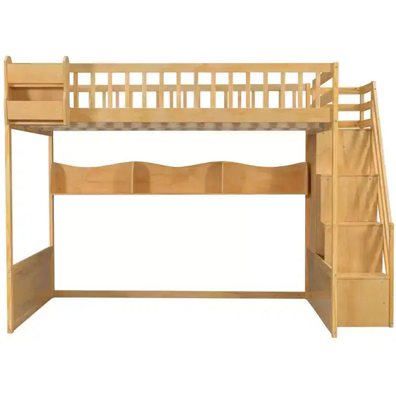 Luxystar Queen Wood Loft Bed with Wardrobe, Storage Staircase and Shelves