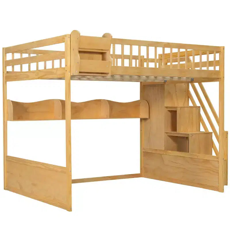 Luxystar Queen Wood Loft Bed with Wardrobe, Storage Staircase and Shelves