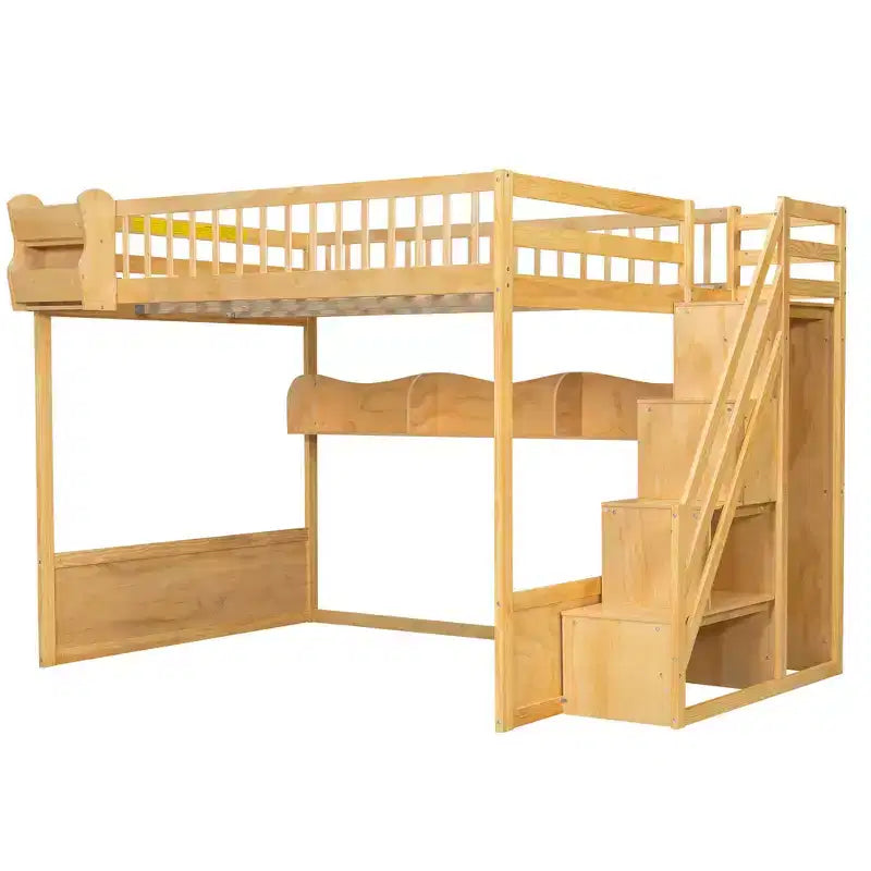 Luxystar Queen Wood Loft Bed with Wardrobe, Storage Staircase and Shelves
