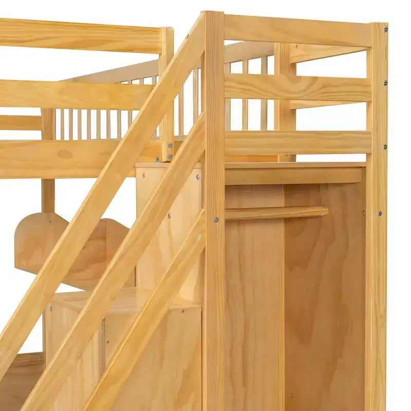 Luxystar Queen Wood Loft Bed with Wardrobe, Storage Staircase and Shelves