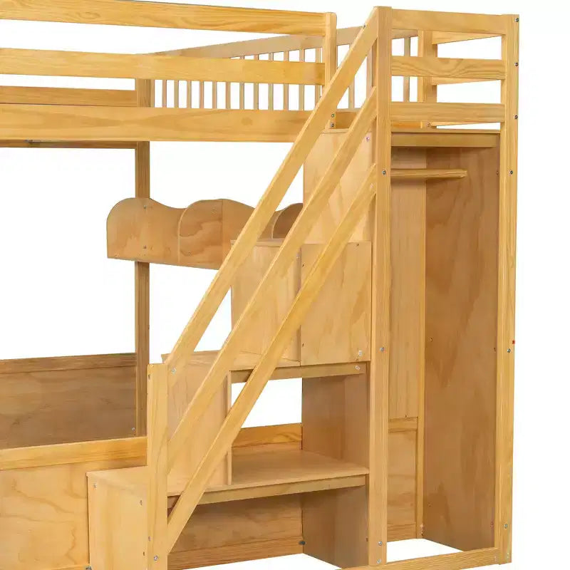 Luxystar Queen Wood Loft Bed with Wardrobe, Storage Staircase and Shelves