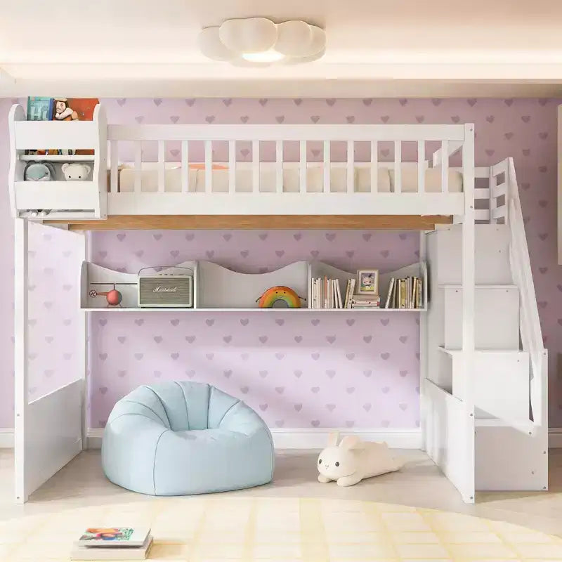 Luxystar Queen Wood Loft Bed with Wardrobe, Storage Staircase and Shelves