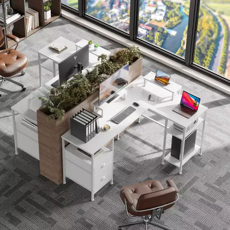 59 Inch White L Shaped Computer Desk with Charging Station Reversible Corner Gaming Desk File Cabinet Monitor Stand Storage Home Office Workstation