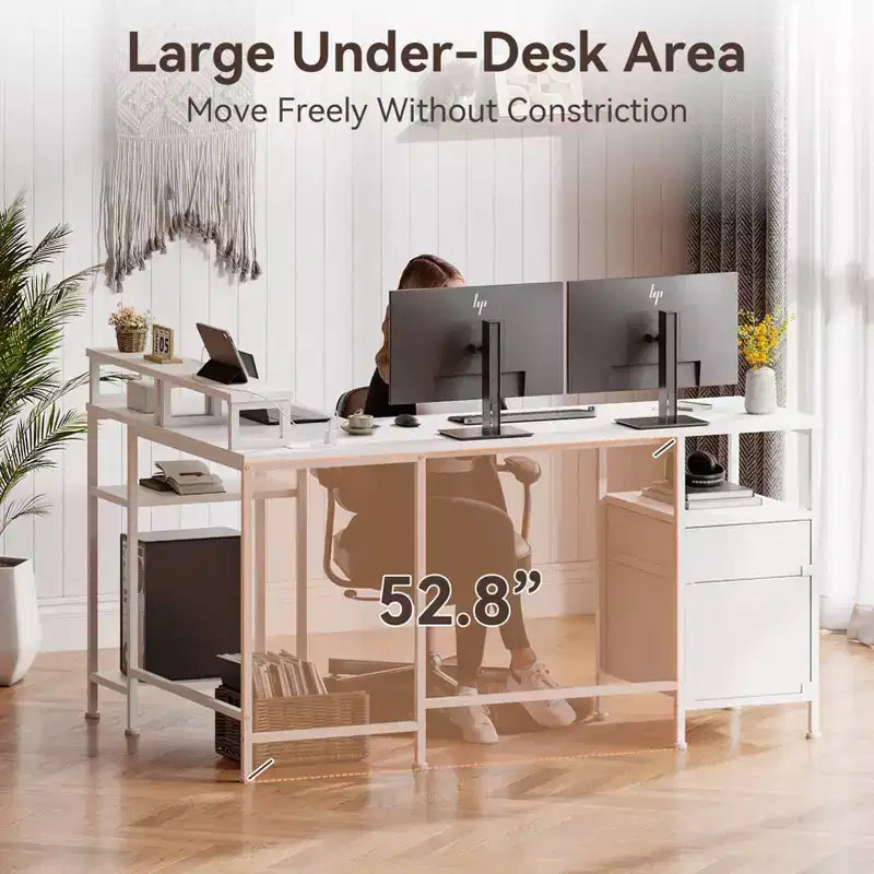59 Inch White L Shaped Computer Desk with Charging Station Reversible Corner Gaming Desk File Cabinet Monitor Stand Storage Home Office Workstation