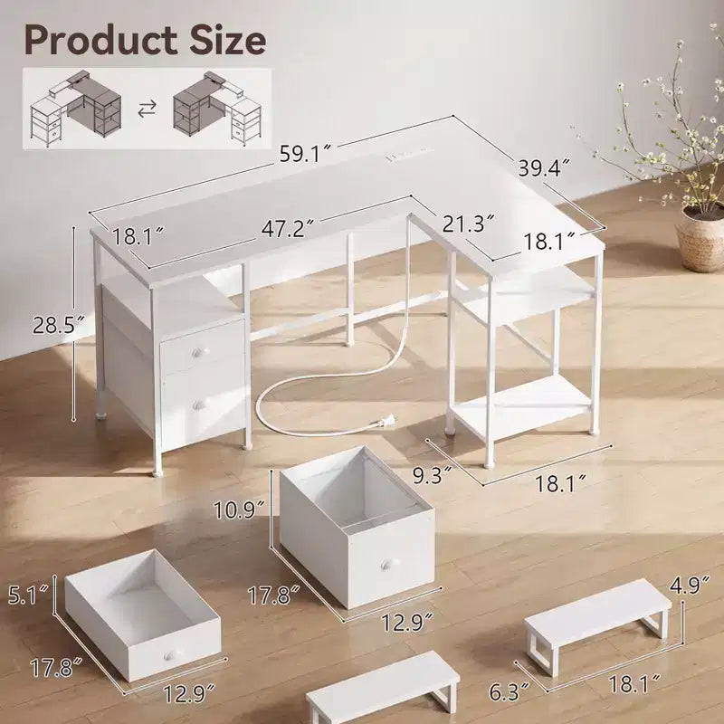 59 Inch White L Shaped Computer Desk with Charging Station Reversible Corner Gaming Desk File Cabinet Monitor Stand Storage Home Office Workstation