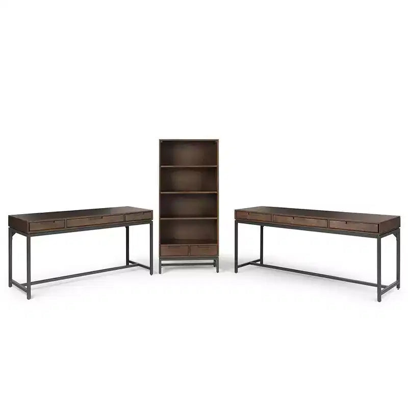 Devlin SOLID HARDWOOD and Metal 66 inch x 30 inchRectangle Modern Industrial Bookcase in Medium Saddle Brown
