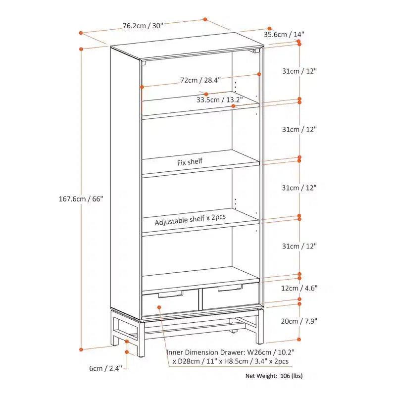 Devlin SOLID HARDWOOD and Metal 66 inch x 30 inchRectangle Modern Industrial Bookcase in Medium Saddle Brown