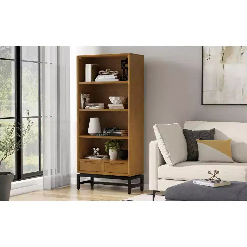 Devlin SOLID HARDWOOD and Metal 66 inch x 30 inchRectangle Modern Industrial Bookcase in Medium Saddle Brown