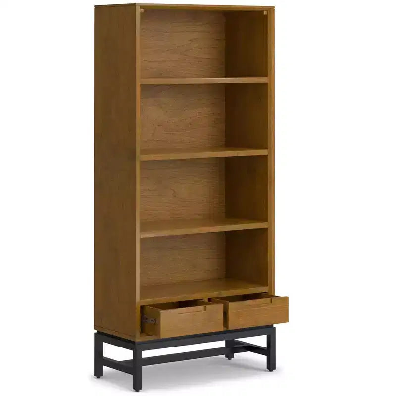 Devlin SOLID HARDWOOD and Metal 66 inch x 30 inchRectangle Modern Industrial Bookcase in Medium Saddle Brown
