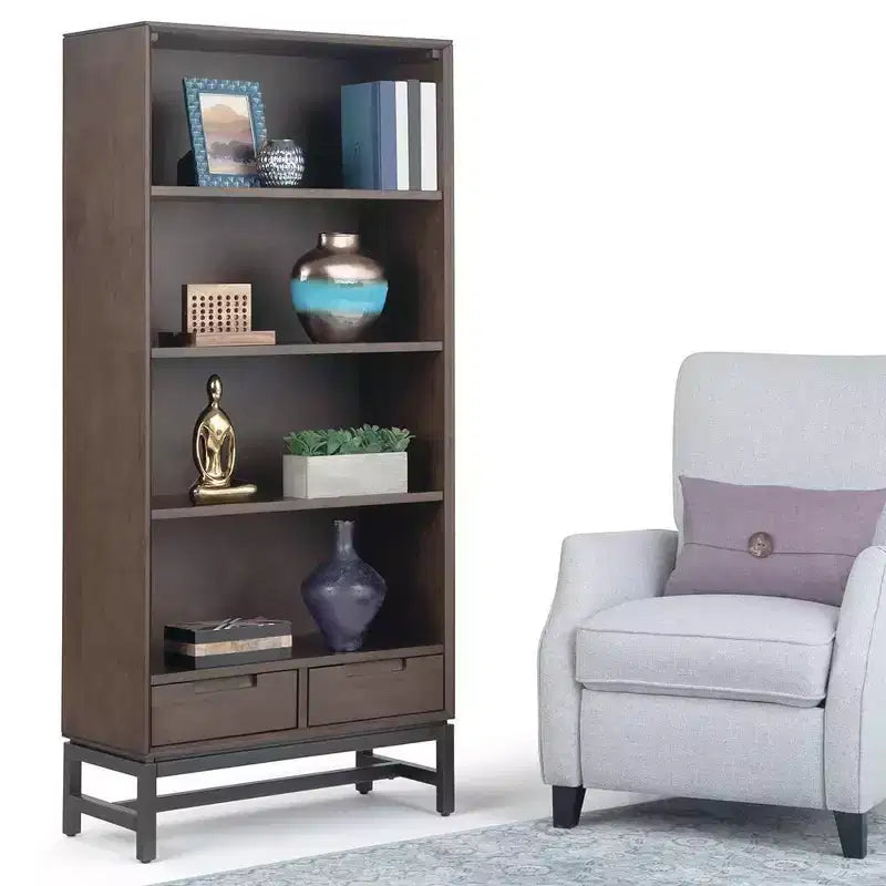 Devlin SOLID HARDWOOD and Metal 66 inch x 30 inchRectangle Modern Industrial Bookcase in Medium Saddle Brown