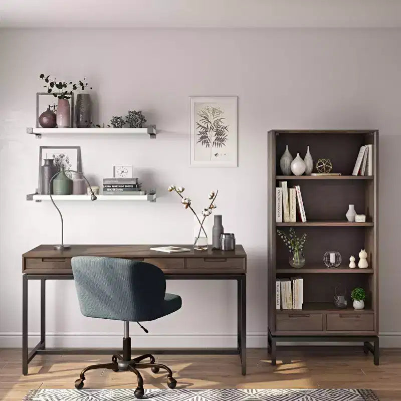 Devlin SOLID HARDWOOD and Metal 66 inch x 30 inchRectangle Modern Industrial Bookcase in Medium Saddle Brown