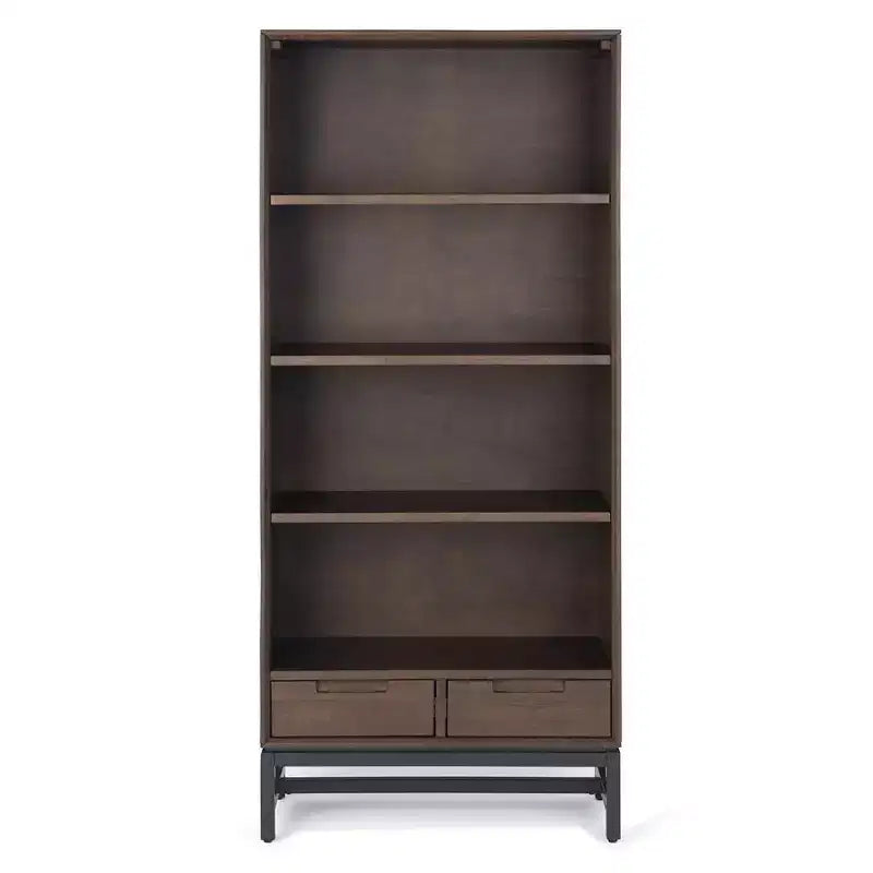 Devlin SOLID HARDWOOD and Metal 66 inch x 30 inchRectangle Modern Industrial Bookcase in Medium Saddle Brown