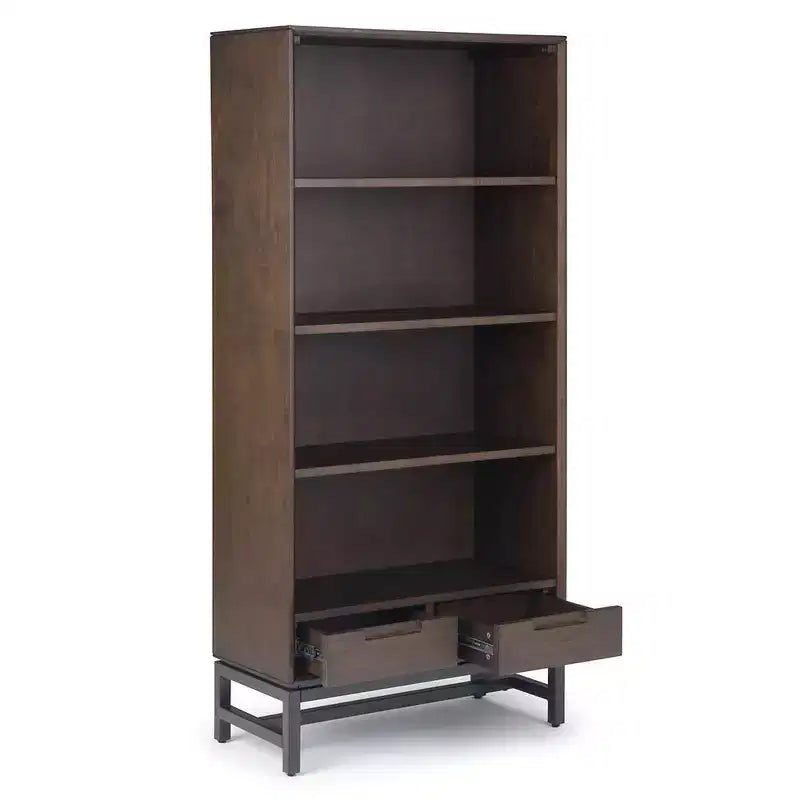 Devlin SOLID HARDWOOD and Metal 66 inch x 30 inchRectangle Modern Industrial Bookcase in Medium Saddle Brown
