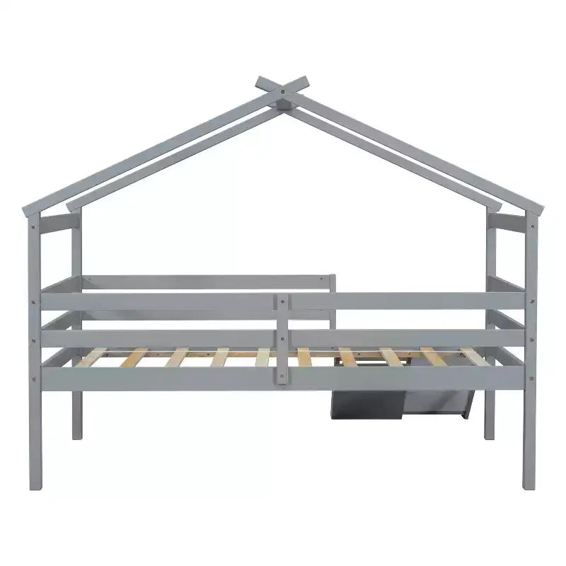 Bellemave Twin House Low Loft Bed with Slide and Ladder,Pine House Loft Bed Frame with Safety Guardrails for Kids