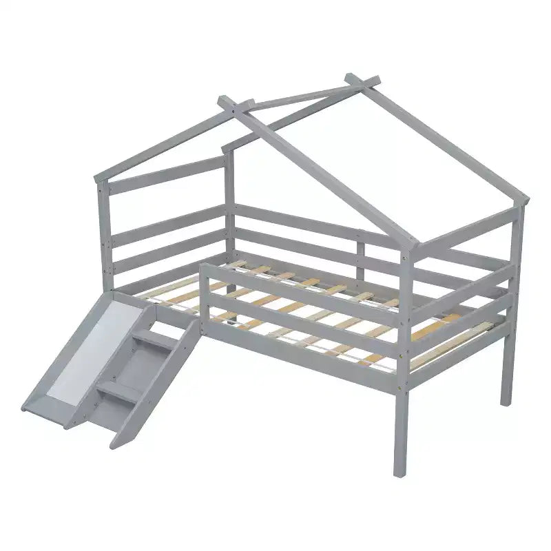 Bellemave Twin House Low Loft Bed with Slide and Ladder,Pine House Loft Bed Frame with Safety Guardrails for Kids