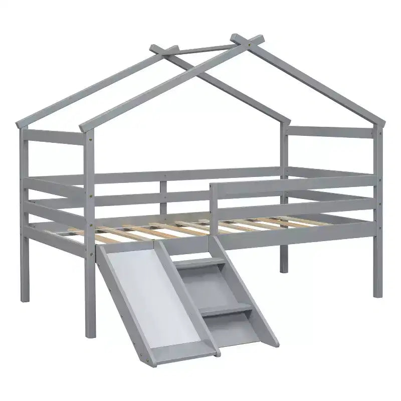 Bellemave Twin House Low Loft Bed with Slide and Ladder,Pine House Loft Bed Frame with Safety Guardrails for Kids