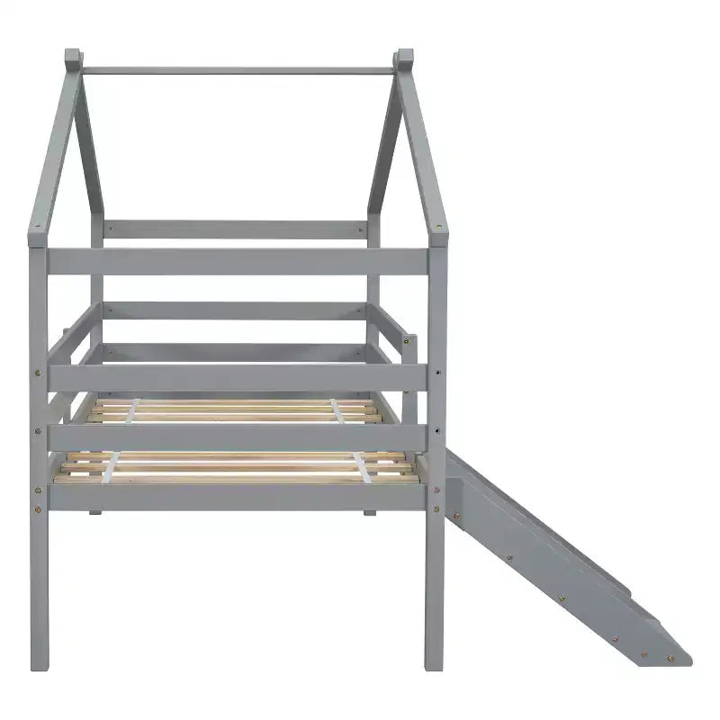 Bellemave Twin House Low Loft Bed with Slide and Ladder,Pine House Loft Bed Frame with Safety Guardrails for Kids