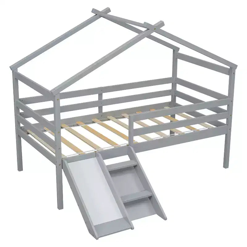 Bellemave Twin House Low Loft Bed with Slide and Ladder,Pine House Loft Bed Frame with Safety Guardrails for Kids