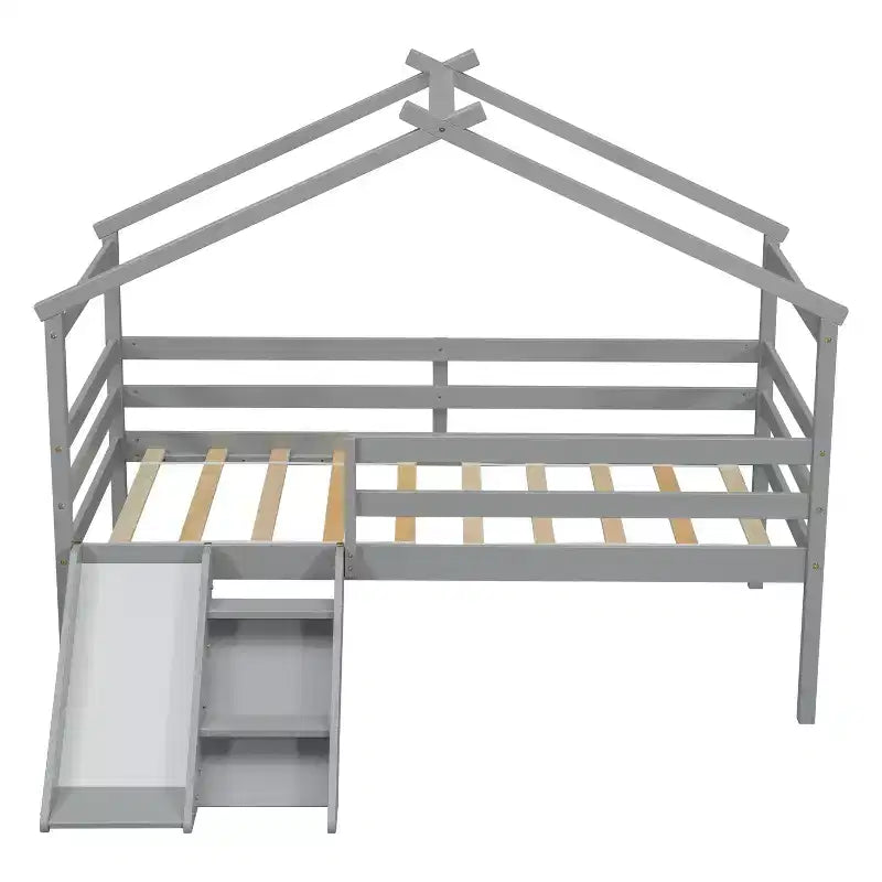 Bellemave Twin House Low Loft Bed with Slide and Ladder,Pine House Loft Bed Frame with Safety Guardrails for Kids