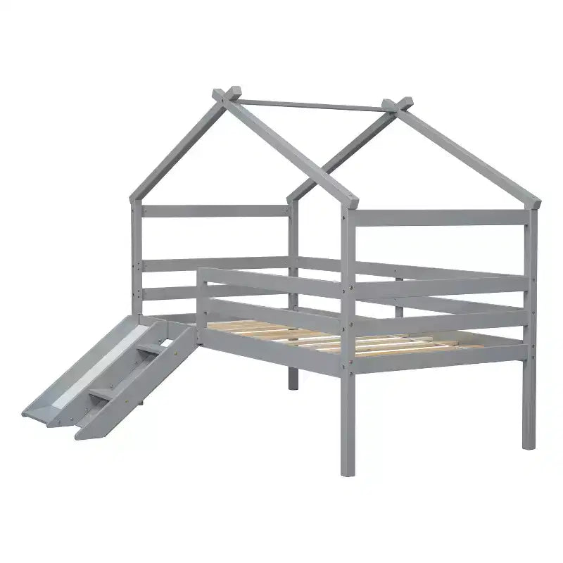 Bellemave Twin House Low Loft Bed with Slide and Ladder,Pine House Loft Bed Frame with Safety Guardrails for Kids