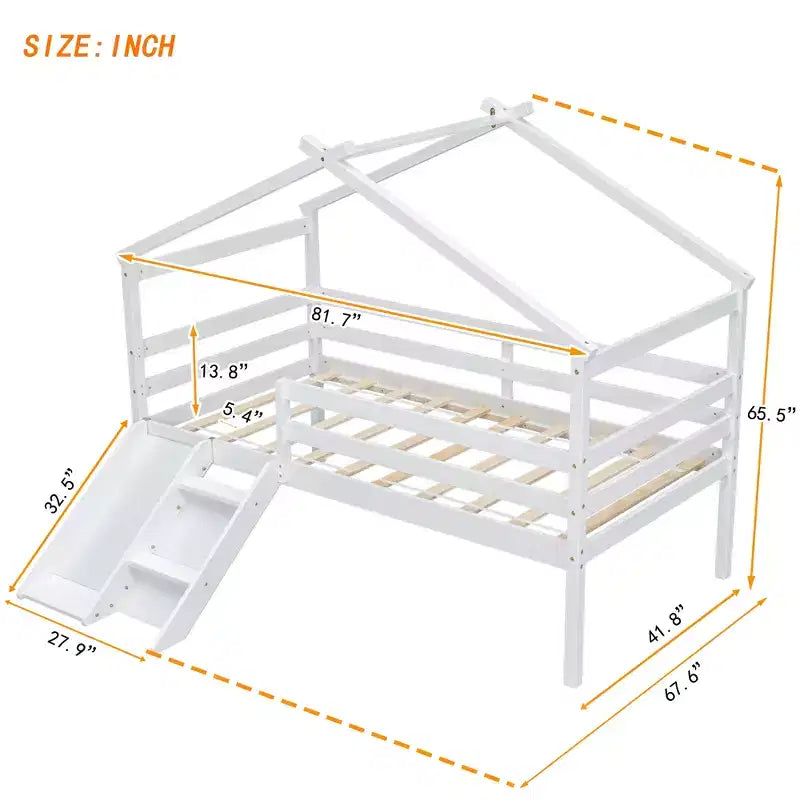Bellemave Twin House Low Loft Bed with Slide and Ladder,Pine House Loft Bed Frame with Safety Guardrails for Kids