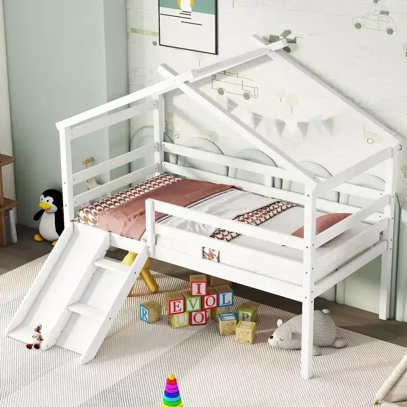 Bellemave Twin House Low Loft Bed with Slide and Ladder,Pine House Loft Bed Frame with Safety Guardrails for Kids