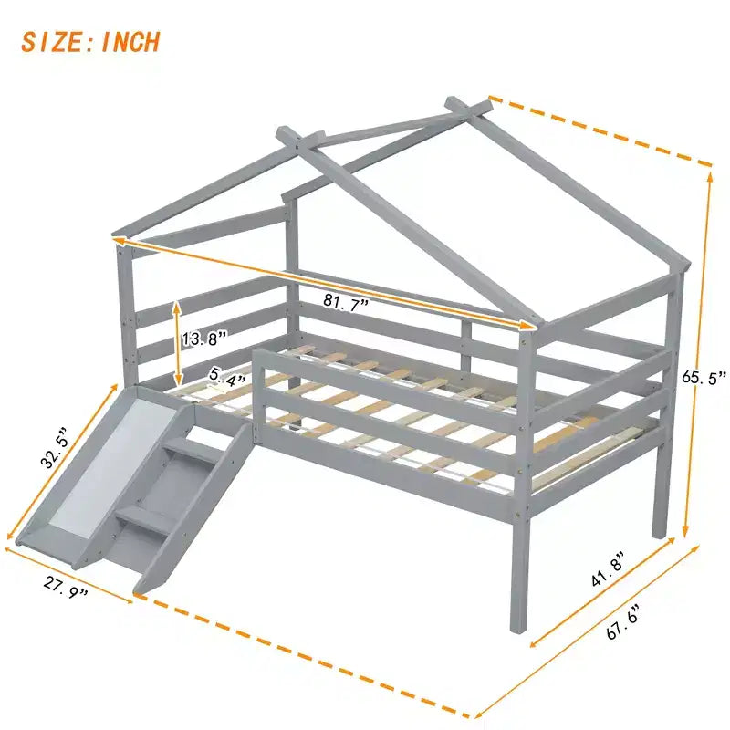 Bellemave Twin House Low Loft Bed with Slide and Ladder,Pine House Loft Bed Frame with Safety Guardrails for Kids