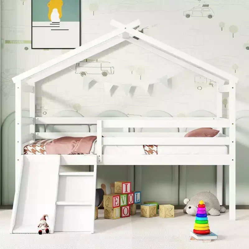 Bellemave Twin House Low Loft Bed with Slide and Ladder,Pine House Loft Bed Frame with Safety Guardrails for Kids