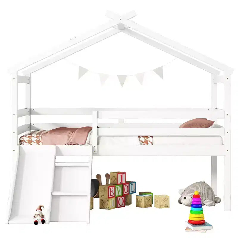 Bellemave Twin House Low Loft Bed with Slide and Ladder,Pine House Loft Bed Frame with Safety Guardrails for Kids