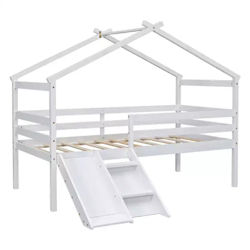 Bellemave Twin House Low Loft Bed with Slide and Ladder,Pine House Loft Bed Frame with Safety Guardrails for Kids