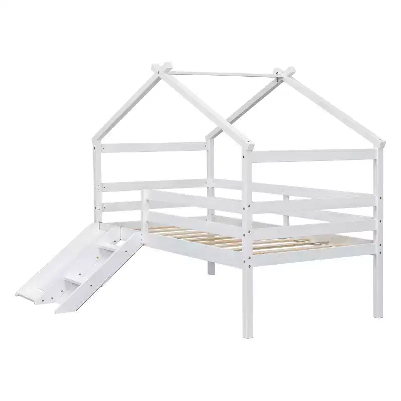 Bellemave Twin House Low Loft Bed with Slide and Ladder,Pine House Loft Bed Frame with Safety Guardrails for Kids