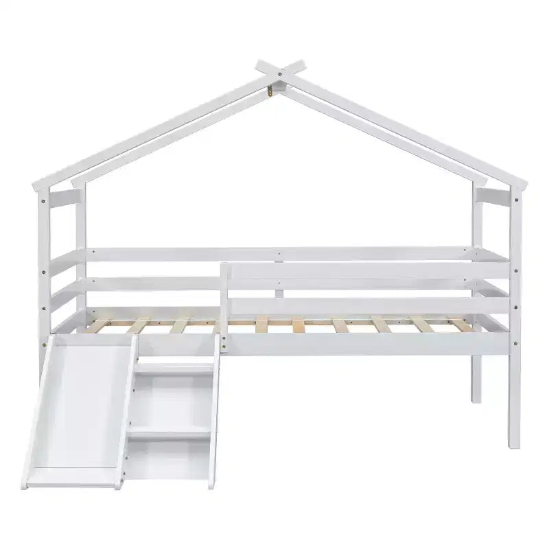 Bellemave Twin House Low Loft Bed with Slide and Ladder,Pine House Loft Bed Frame with Safety Guardrails for Kids