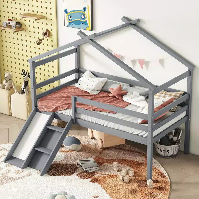 Bellemave Twin House Low Loft Bed with Slide and Ladder,Pine House Loft Bed Frame with Safety Guardrails for Kids