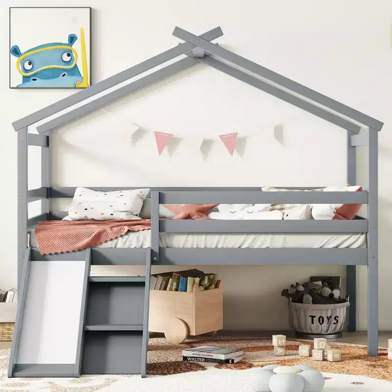 Bellemave Twin House Low Loft Bed with Slide and Ladder,Pine House Loft Bed Frame with Safety Guardrails for Kids