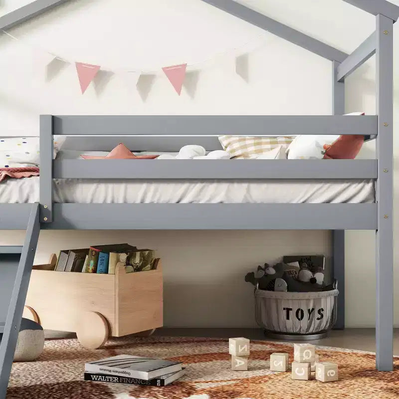 Bellemave Twin House Low Loft Bed with Slide and Ladder,Pine House Loft Bed Frame with Safety Guardrails for Kids