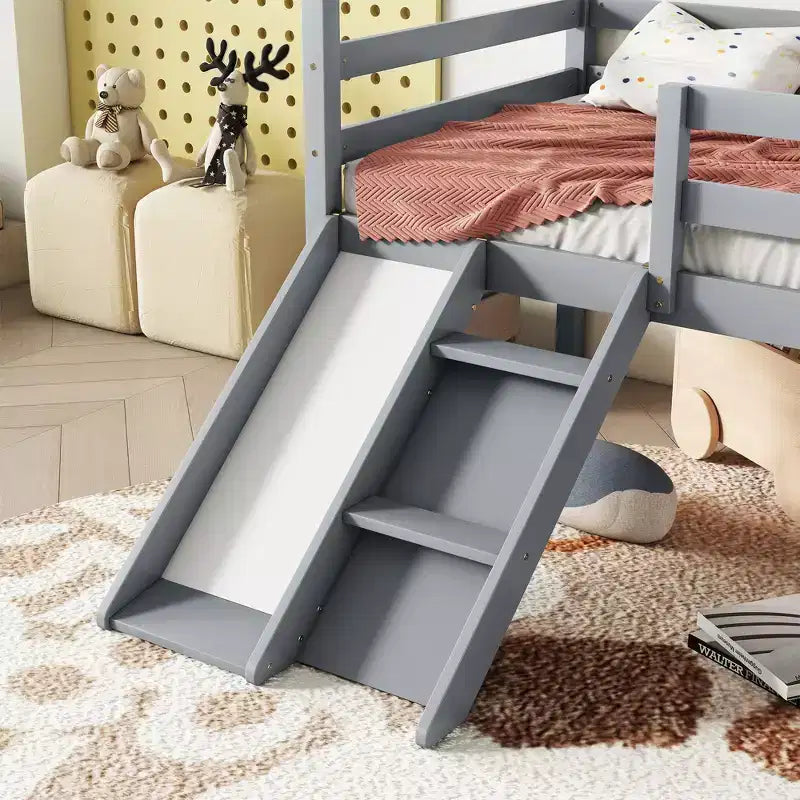 Bellemave Twin House Low Loft Bed with Slide and Ladder,Pine House Loft Bed Frame with Safety Guardrails for Kids