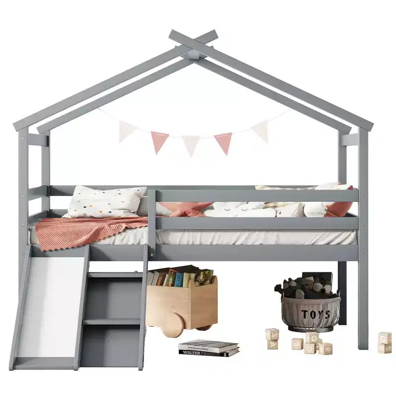 Bellemave Twin House Low Loft Bed with Slide and Ladder,Pine House Loft Bed Frame with Safety Guardrails for Kids