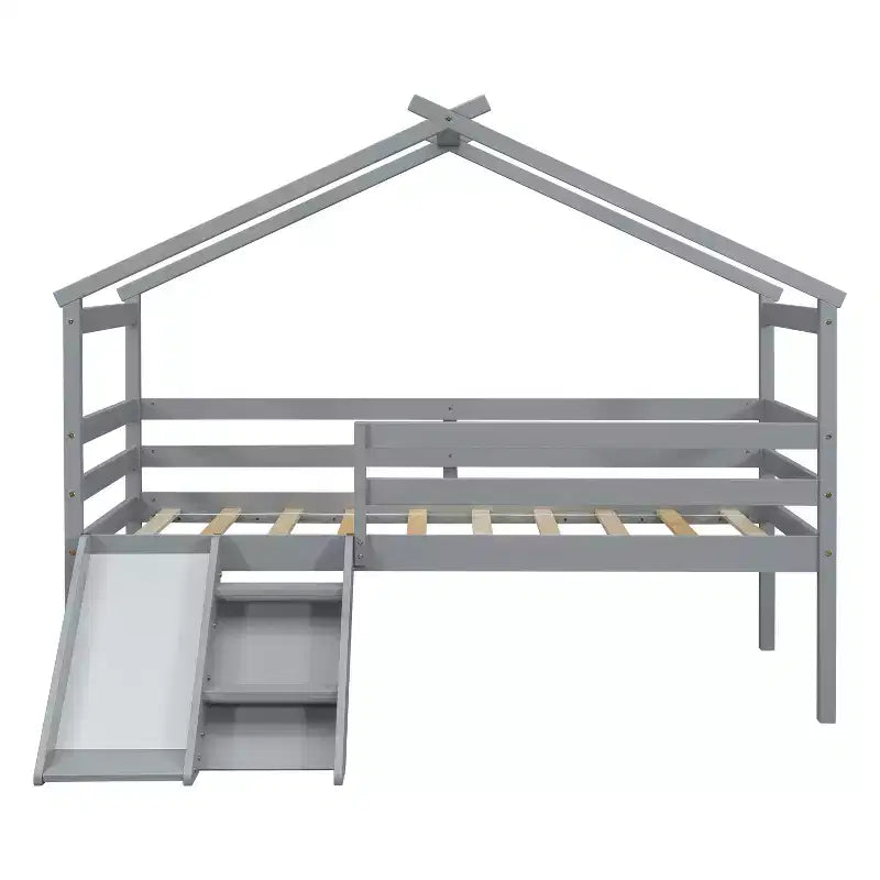 Bellemave Twin House Low Loft Bed with Slide and Ladder,Pine House Loft Bed Frame with Safety Guardrails for Kids