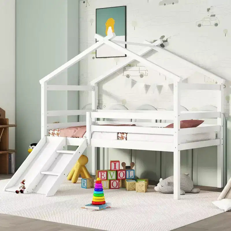 Bellemave Twin House Low Loft Bed with Slide and Ladder,Pine House Loft Bed Frame with Safety Guardrails for Kids