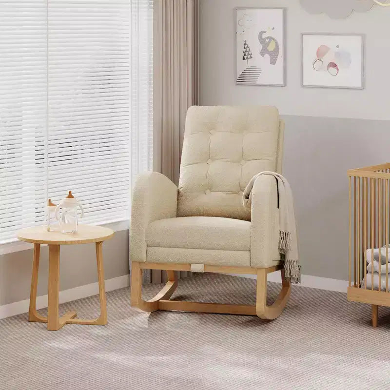 Upholstered Nursery Rocking Chair, Comfortable Cushioned Rocking Chair, with High Back & Side Pocket for Living Room Bedroom, Easy to Clean