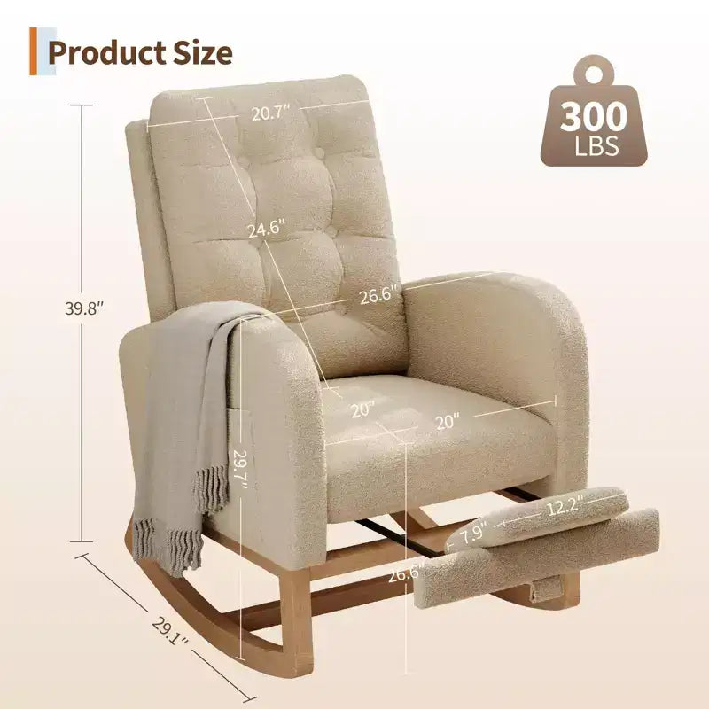 Upholstered Nursery Rocking Chair, Comfortable Cushioned Rocking Chair, with High Back & Side Pocket for Living Room Bedroom, Easy to Clean