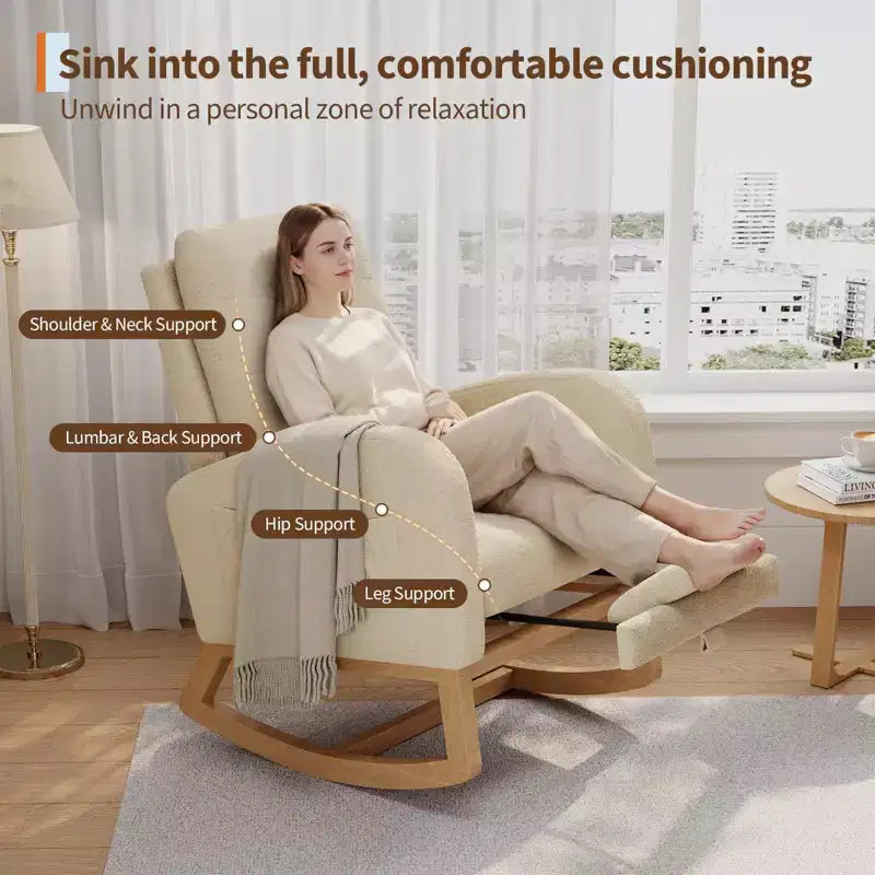 Upholstered Nursery Rocking Chair, Comfortable Cushioned Rocking Chair, with High Back & Side Pocket for Living Room Bedroom, Easy to Clean
