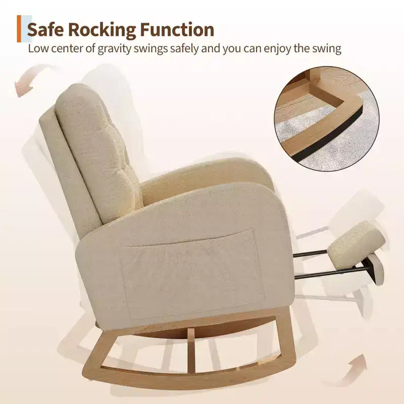 Upholstered Nursery Rocking Chair, Comfortable Cushioned Rocking Chair, with High Back & Side Pocket for Living Room Bedroom, Easy to Clean