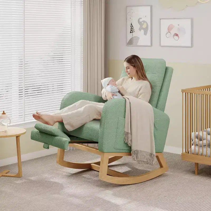 Upholstered Nursery Rocking Chair, Comfortable Cushioned Rocking Chair, with High Back & Side Pocket for Living Room Bedroom, Easy to Clean
