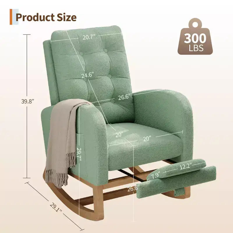 Upholstered Nursery Rocking Chair, Comfortable Cushioned Rocking Chair, with High Back & Side Pocket for Living Room Bedroom, Easy to Clean