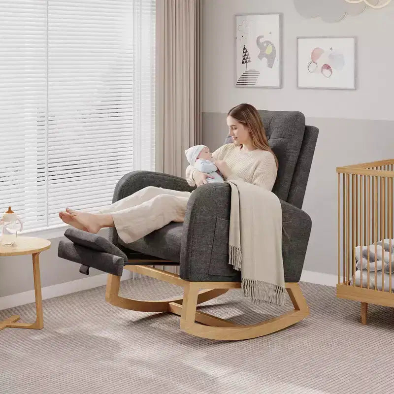 Upholstered Nursery Rocking Chair, Comfortable Cushioned Rocking Chair, with High Back & Side Pocket for Living Room Bedroom, Easy to Clean